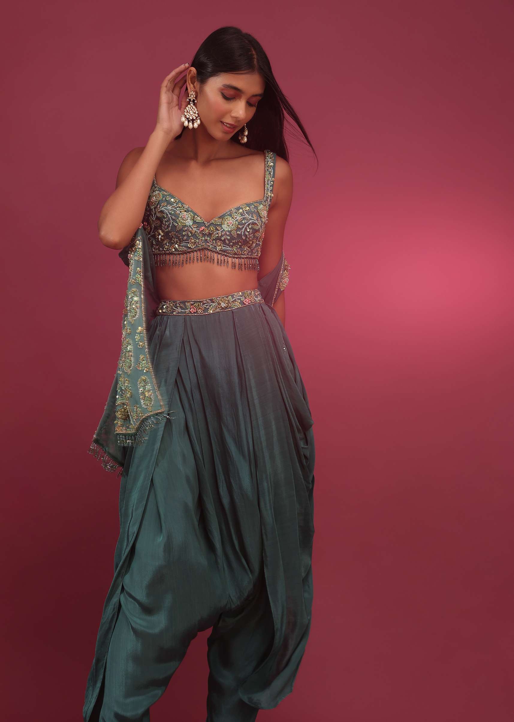 Deep Green Dhoti Bustier Set With 3D Floral Embroidered Shrug - NOOR 2022