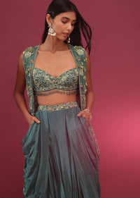 Deep Green Dhoti Bustier Set With Shrug In 3D Floral Embroidery - NOOR 2022