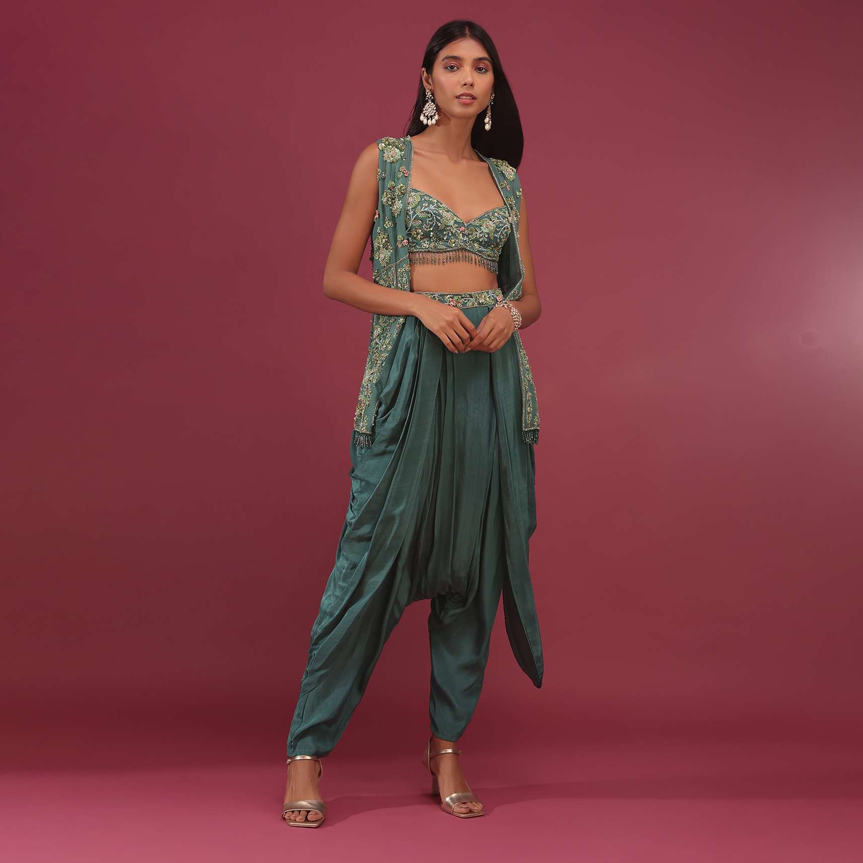 Deep Green Dhoti Bustier Set With 3D Floral Embroidered Shrug - NOOR 2022