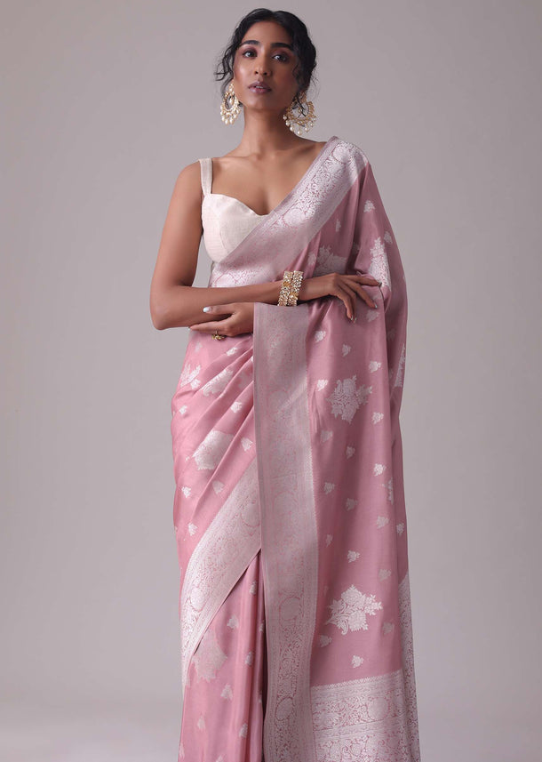 Nostalgia Rose Pink Woven Saree In Dola Silk And Silver Weave