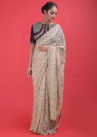 Nude Beige Saree In Floral Lace With Sequins And A Dark Purple Blouse  Online - Kalki Fashion