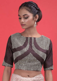 Nude Beige Saree In Floral Lace With Sequins And A Dark Purple Blouse  Online - Kalki Fashion