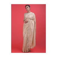 Nude Beige Saree In Silk With Feather Fringes And Embellished With Sequins And Beads Online - Kalki Fashion