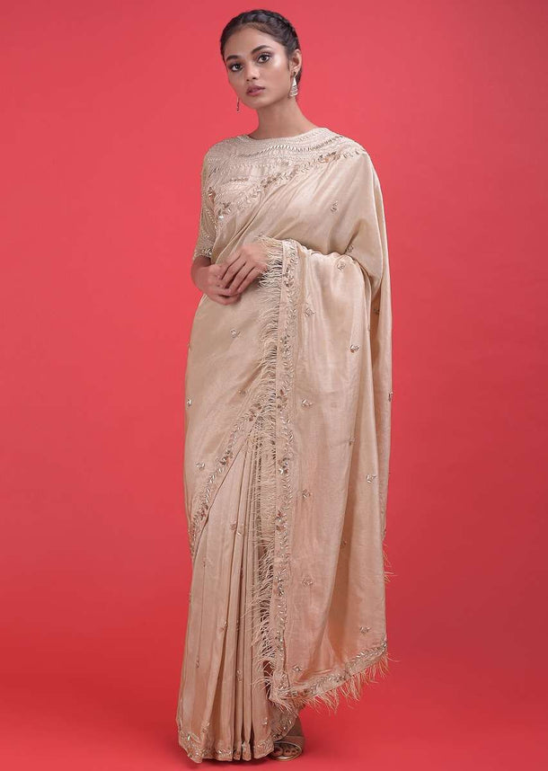 Nude Beige Saree In Silk With Feather Fringes And Embellished With Sequins And Beads Online - Kalki Fashion