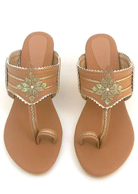 Nude Kolhapuri Heels With Zari Embroidered Motif And Block Heel By Sole House