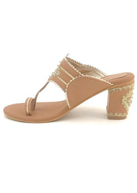 Nude Kolhapuri Heels With Zari Embroidered Motif And Block Heel By Sole House