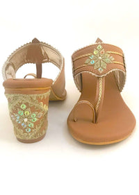 Nude Kolhapuri Heels With Zari Embroidered Motif And Block Heel By Sole House