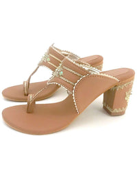 Nude Kolhapuri Heels With Zari Embroidered Motif And Block Heel By Sole House