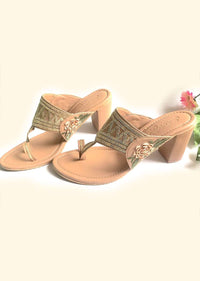 Nude Kolhapuris With Block Heel And Zari Work By Sole House