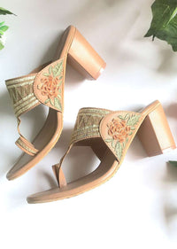 Nude Kolhapuris With Block Heel And Zari Work By Sole House