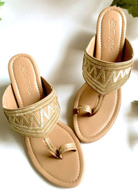 Nude Kolhapuris With Block Heel And Zari Work By Sole House