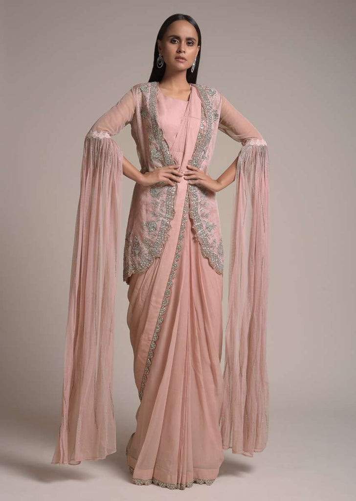 Nude Pink Ready Pleated Saree Set With Cut Dana Embellished Organza Jacket Having Long Floor Length Sleeves Online - Kalki Fashion