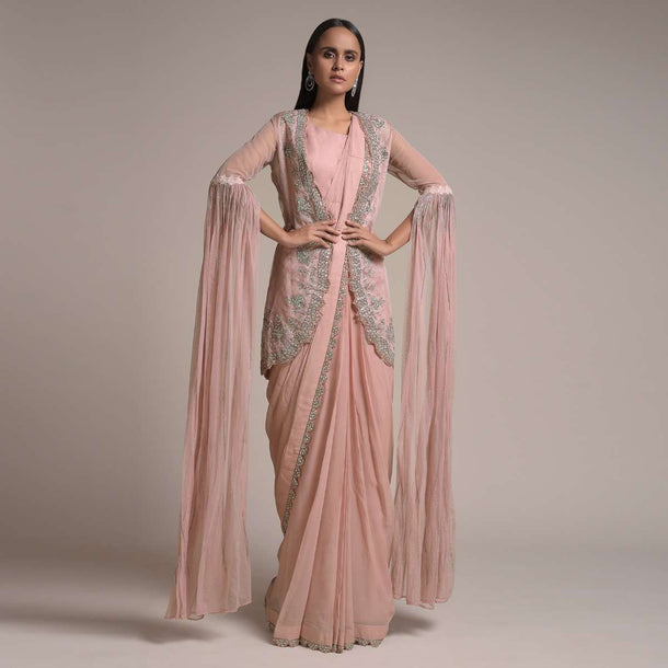 Nude Pink Ready Pleated Saree Set With Cut Dana Embellished Organza Jacket Having Long Floor Length Sleeves Online - Kalki Fashion