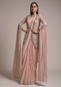 Nude Pink Ready Pleated Saree Set With Cut Dana Embellished Organza Jacket Having Long Floor Length Sleeves Online - Kalki Fashion