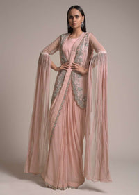 Nude Pink Ready Pleated Saree Set With Cut Dana Embellished Organza Jacket Having Long Floor Length Sleeves Online - Kalki Fashion