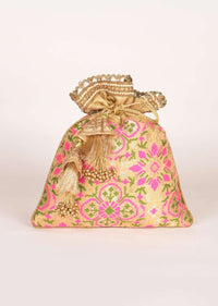 Oat Beige Potli In Silk With Brocade Weaved Floral Pattern In Green And Pink Online - Kalki Fashion