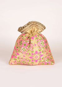 Oat Beige Potli In Silk With Brocade Weaved Floral Pattern In Green And Pink Online - Kalki Fashion