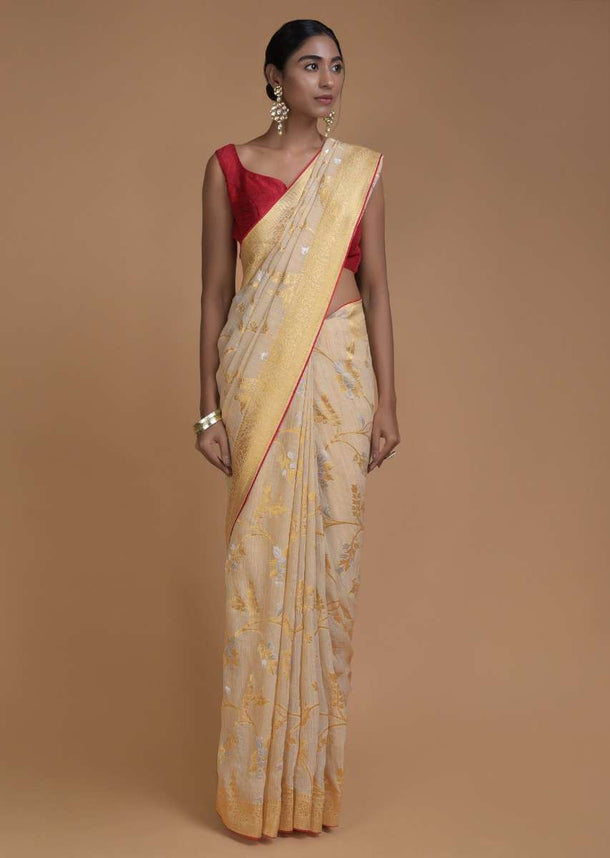 Oat Beige Saree In Jute Blend With Weaved Floral Jaal All Over Online - Kalki Fashion