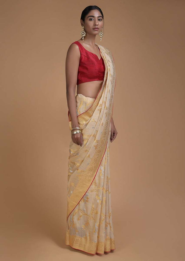 Oat Beige Saree In Jute Blend With Weaved Floral Jaal All Over Online - Kalki Fashion