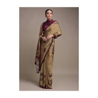 Oat Beige Saree In Satin Crepe With Floral Print And Fancy Lace On The Border Online - Kalki Fashion