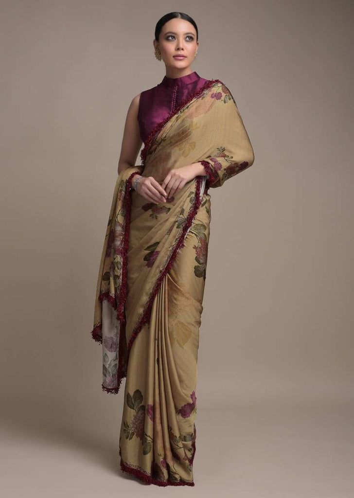 Oat Beige Saree In Satin Crepe With Floral Print And Fancy Lace On The Border Online - Kalki Fashion