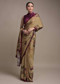Oat Beige Saree In Satin Crepe With Floral Print And Fancy Lace On The Border Online - Kalki Fashion