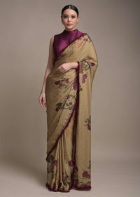 Oat Beige Saree In Satin Crepe With Floral Print And Fancy Lace On The Border Online - Kalki Fashion