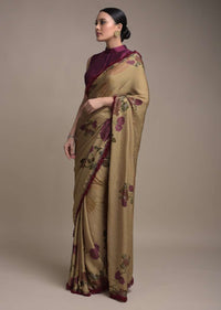 Oat Beige Saree In Satin Crepe With Floral Print And Fancy Lace On The Border Online - Kalki Fashion
