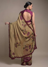 Oat Beige Saree In Satin Crepe With Floral Print And Fancy Lace On The Border Online - Kalki Fashion