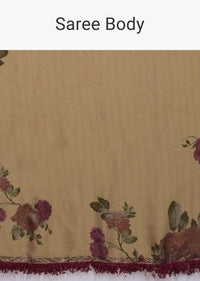 Oat Beige Saree In Satin Crepe With Floral Print And Fancy Lace On The Border Online - Kalki Fashion