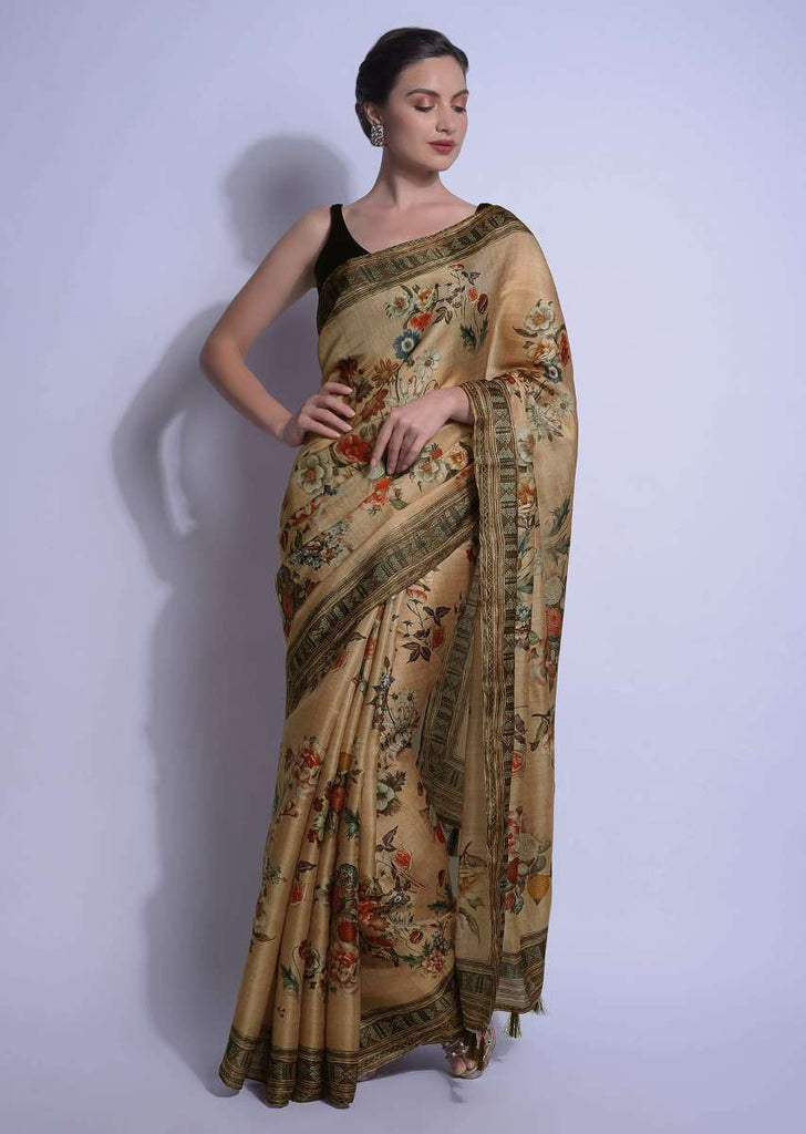 Oat Beige Saree In Silk With Print In Floral Motifs