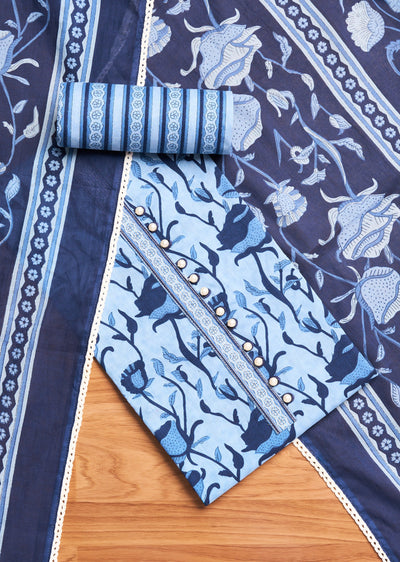 Ocean Blue Cotton Unstitched Suit Set