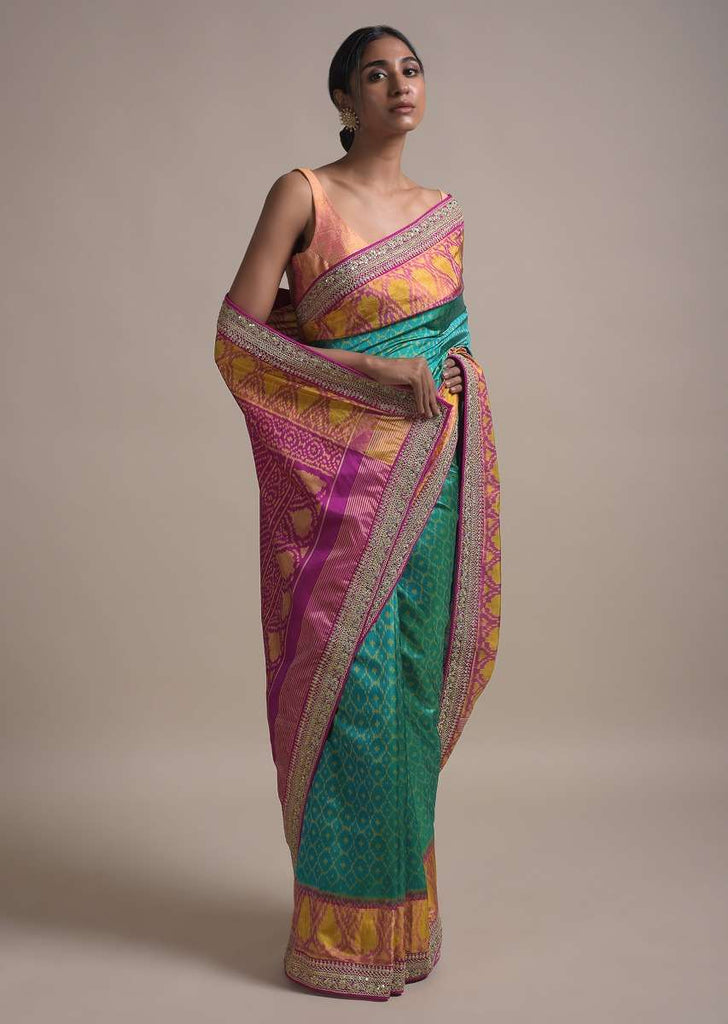 Ocean Blue Saree In Silk With Ikkat Weaved Mesh Pattern All Over And Sequins Work On The Border Online - Kalki Fashion