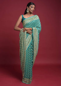 Ocean Green Banarasi Saree In Georgette With Weaved Buttis Along With Kundan Work Online - Kalki Fashion