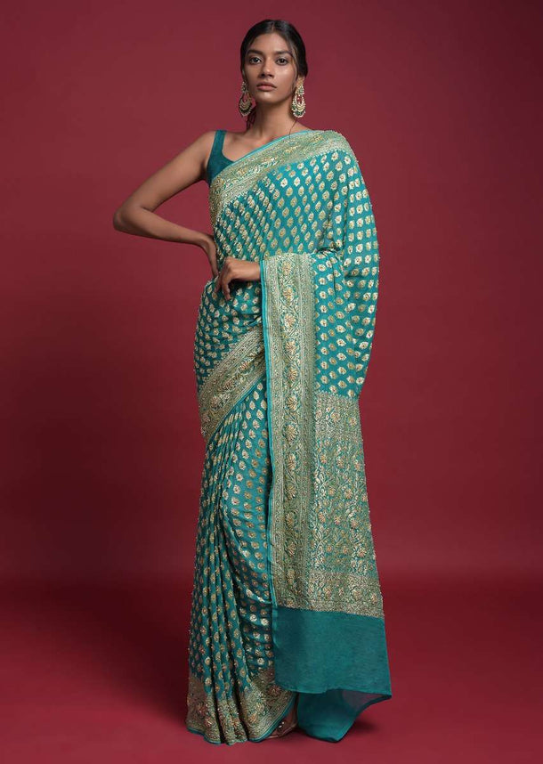 Ocean Green Banarasi Saree In Georgette With Weaved Buttis Along With Kundan Work Online - Kalki Fashion