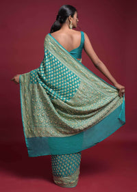 Ocean Green Banarasi Saree In Georgette With Weaved Buttis Along With Kundan Work Online - Kalki Fashion