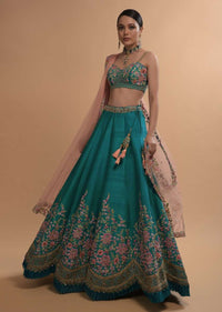 Ocean Green Lehenga Choli In Raw Silk With Resham Embroidered Spring Blooms And Scallop Hem