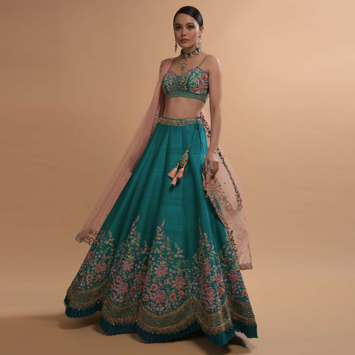 Ocean Green Lehenga Choli In Raw Silk With Resham Embroidered Spring Blooms And Scallop Hem