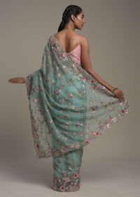 Ocean Green Saree In Organza With Hand Embroidery Work In Floral Design And Unstitched Blouse