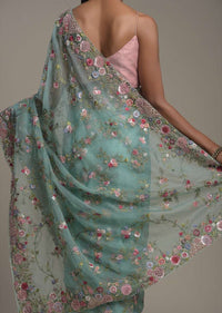 Ocean Green Saree In Organza With Hand Embroidery Work In Floral Design And Unstitched Blouse