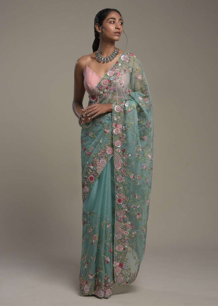 Ocean Green Saree In Organza With Hand Embroidery Work In Floral Design And Unstitched Blouse