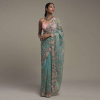 Ocean Green Saree In Organza With Hand Embroidery Work In Floral Design And Unstitched Blouse