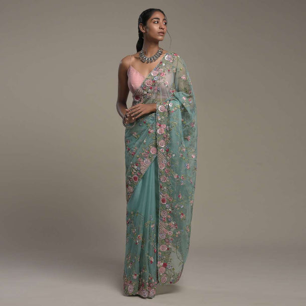 Ocean Green Saree In Organza With Hand Embroidery Work In Floral Design And Unstitched Blouse