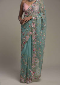 Ocean Green Saree In Organza With Hand Embroidery Work In Floral Design And Unstitched Blouse