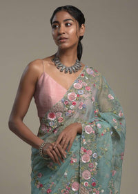 Ocean Green Saree In Organza With Hand Embroidery Work In Floral Design And Unstitched Blouse