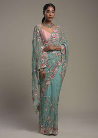 Ocean Green Saree In Organza With Hand Embroidery Work In Floral Design And Unstitched Blouse