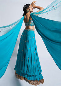 Ocean Green Skirt And Crop Top With An Attached Criss Cross Drape On The Neckline Shoulders Online - Kalki Fashion