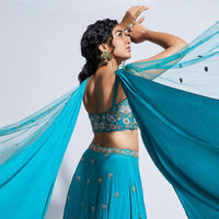 Ocean Green Skirt And Crop Top With An Attached Criss Cross Drape On The Neckline Shoulders Online - Kalki Fashion