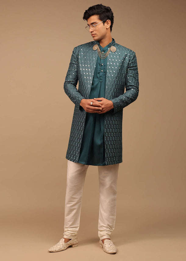 Ocean Blue Sherwani With Detailed Thread And Abla Work