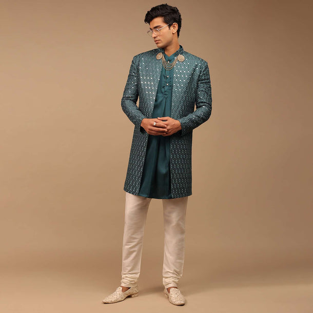 Ocean Blue Sherwani With Detailed Thread And Abla Work